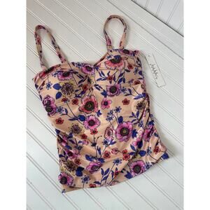 NWT Nicole Miller Tankini Ruched Swimsuit Bleach Bloom Print Paddle Surf Size M